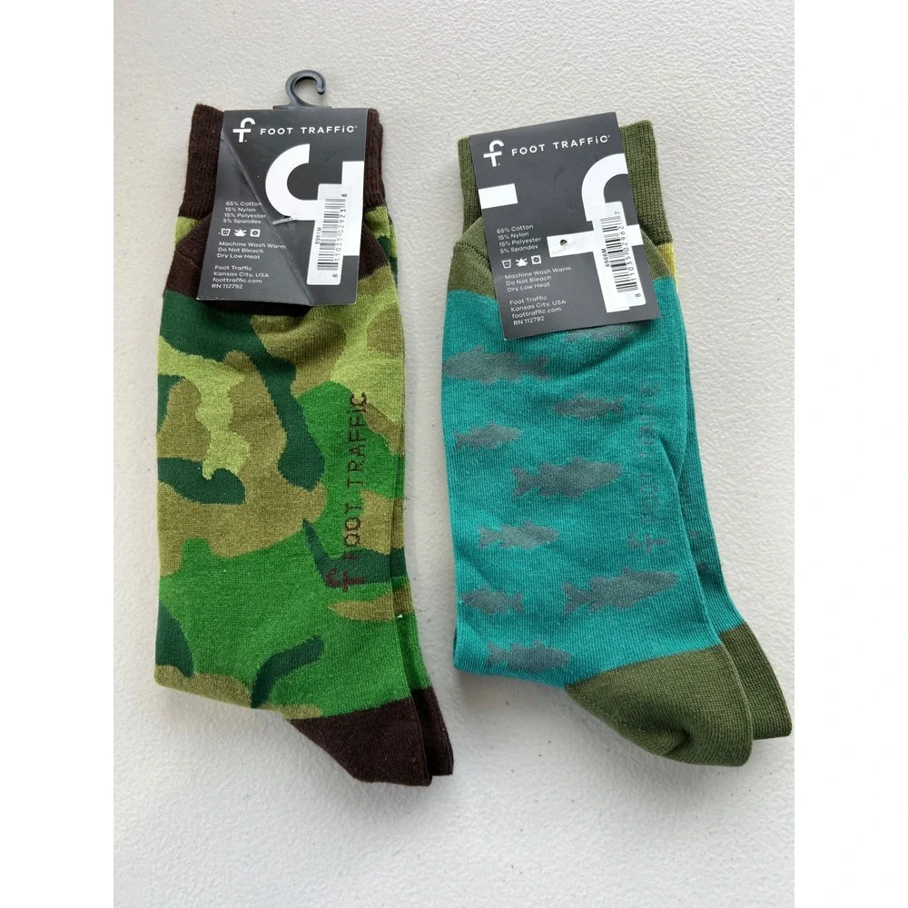 NEW Foot Traffic Hunting Fishing Men's Novelty Socks 2 Pair Fits Shoe‎ Size 7-12